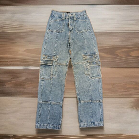 LIONESS WOMEN'S HIGH WAISTED CARGO POCKETS JEANS SZ XXS MED WASH PRINCESS POLLY - Picture 1 of 9